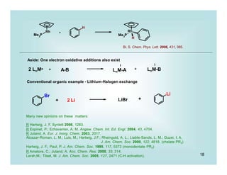 18
Br Li
3
Me P
Rh
3
Rh
Me P
H
H
Many new opinions on these matters:
R Hartwig, J. F. Synlett 2006, 1283.
R Espinet, P.; Echavarren, A. M. Angew. Chem. Int. Ed. Engl. 2004, 43, 4704.
R Jutand, A. Eur. J. Inorg. Chem. 2003, 2017.
Alcazar-Roman, L. M.; Luis, M.; Hartwig, J.F.; Rheingold, A. L.; Liable-Sands, L. M.; Guzei, I. A.
J. Am. Chem. Soc. 2000, 122, 4618. (chelate PR3)
Hartwig, J. F.; Paul, P. J. Am. Chem. Soc. 1995, 117, 5373 (monodentate PR3)
R Amatore, C.; Jutand, A. Acc. Chem. Res. 2000, 33, 314.
Lersh,M.; Tilset, M. J. Am. Chem. Soc. 2005, 127, 2471 (C-H activation).
2 LnMo + A-B +
I
LnM-A
I
LnM-B
Conventional organic example - Lithium-Halogen exchange
+ 2 Li LiBr +
+
Bi, S. Chem. Phys. Lett. 2006, 431, 385.
Aside: One electron oxidative additions also exist
 