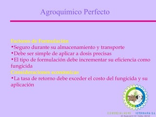 Factores de Formulación Seguro durante su almacenamiento y transporte Debe ser simple de aplicar a dosis precisas El tipo de formulación debe incrementar su eficiencia como fungicida Consideraciones económicas La tasa de retorno debe exceder el costo del fungicida y su aplicación Agroquímico Perfecto 