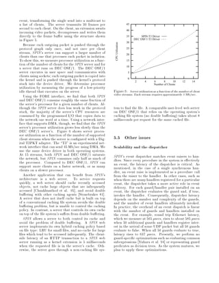 event, transforming the single send into a multicast to
a list of clients. The server transmits 30 frames per                           45
second to each client. On the client, an extension awaits
incoming video packets, decompresses and writes them                            40

directly to the frame bu er using the structure shown                           35        SPIN T3 Driver
in Figure 5.                                                                         DEC OSF/1 T3 Driver

   Because each outgoing packet is pushed through the
                                                                                30




                                                              CPU Utilization
protocol graph only once, and not once per client                               25
stream, SPIN's server can support a larger number of
clients than one that processes each packet in isolation.                       20

To show this, we measure processor utilization as a func-                       15
tion of the number of clients for the SPIN server and for
a server that runs on DEC OSF 1. The DEC OSF 1                                  10

server executes in user space and communicates with                              5
clients using sockets; each outgoing packet is copied into
the kernel and is pushed through the kernel's protocol                           0
stack into the device driver. We determine processor                                 2      4      6      8       10
                                                                                                   Number of Clients
                                                                                                                       12   14

utilization by measuring the progress of a low-priority
idle thread that executes on the server.                     Figure 6: Server utilizationas a function of the number of client
   Using the FORE interface, we nd that both SPIN            video streams. Each stream requires approximately 3 Mb sec.
and DEC OSF 1 consume roughly the same fraction of
the server's processor for a given number of clients. Al-
though the SPIN server does less work in the protocol        tem to nd the le. A comparable user-level web server
stack, the majority of the server's CPU resources are        on DEC OSF 1 that relies on the operating system's
consumed by the programmed I O that copies data to           caching le system no double bu ering takes about 8
the network one word at a time. Using a network inter-       milliseconds per request for the same cached le.
face that supports DMA, though, we nd that the SPIN
server's processor utilization grows less slowly than the
DEC OSF 1 server's. Figure 6 shows server proces-
sor utilization as a function of the number of supported
client streams when the server is con gured with a Dig-      5.5 Other issues
ital T3PKT adapter. The T3 is an experimental net-
work interface that can send 45 Mb sec using DMA. We         Scalability and the dispatcher
use the same device driver in both operating systems.
At 15 streams, both SPIN and DEC OSF 1 saturate              SPIN's event dispatcher matches event raisers to han-
the network, but SPIN consumes only half as much of          dlers. Since every procedure in the system is e ectively
the processor. Compared to DEC OSF 1, SPIN can               an event, the latency of the dispatcher is critical. As
support more clients on a faster network, or as many         mentioned, in the case of a single synchronous han-
clients on a slower processor.                               dler, an event raise is implemented as a procedure call
   Another application that can bene t from SPIN's           from the raiser to the handler. In other cases, such as
architecture is a web server. To service requests            when there are many handlers registered for a particular
quickly, a web server should cache recently accessed         event, the dispatcher takes a more active role in event
objects, not cache large objects that are infrequently       delivery. For each guard handler pair installed on an
accessed Chankhunthod et al. 95 , and avoid double           event, the dispatcher evaluates the guard and, if true,
bu ering with other caching agents Stonebraker 81 .          invokes the handler. Consequently, dispatcher latency
A server that does not itself cache but is built on top      depends on the number and complexity of the guards,
of a conventional caching le system avoids the double        and the number of event handlers ultimately invoked.
bu ering problem, but is unable to control the caching       In practice, the overhead of an event dispatch is linear
policy. In contrast, a server that controls its own cache    with the number of guards and handlers installed on
on top of the le system's su ers from double bu ering.       the event. For example, round trip Ethernet latency,
   SPIN allows a server to both control its cache and        which we measure at 565 secs, rises to about 585 secs
avoid the problem of double bu ering. A SPIN web             when 50 additional guards and handlers register inter-
server implements its own hybrid caching policy based        est in the arrival of some UDP packet but all 50 guards
on le type: LRU for small les, and no-cache for large        evaluate to false. When all 50 guards evaluate to true,
  les which tend to be accessed infrequently. The client-    latency rises to 637 secs. Presently, we perform no
side latency of an HTTP transaction to a SPIN web            guard-speci c optimizations such as evaluating common
server running as a kernel extension is 5 milliseconds       subexpressions Yuhara et al. 94 or representing guard
when the requested le is in the server's cache. Oth-         predicates as decision trees. As the system matures, we
erwise, the server goes through a non-caching le sys-        plan to apply these optimizations.
 