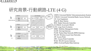 研究背景-行動網路-LTE (4 G)
10
Data Network
(Internet)
UTRAN
GPRS/GSM MS
UE
BTS
Node B
BSC
RNC
Um
Uu Iub
A-bis
GERAN
MSC/VLR
SGSN GGSN
HSS/
HLR/AAA
Gn
GcGrGs
A
IuPS
IuCS
Gb
Core Network
PSTN
E-UTRAN
UE eNode B
LTE-Uu S-GW P-GWS5S1-U
MME
S1-MME
S3
SGs
S4
S11
S6a
UMTS: Universal Mobile Telecommunications System
UTRAN: Universal Terrestrial Radio Access Network
UE: User Equipment
Node B: Base Station
RNC: Radio Network Controller
E-UTRAN: Evolved-UTRAN
LTE: Long Term Evolution
MME: Mobility Management Entity
S-GW: Serving Gateway
P-GW: Packet Data Network (PDN) Gateway
WLAN: Wireless Local Area Networks
AP: Access Point
APC: Access Point Controller
WAG: WLAN Access Gateway
ePDG: Evolved Packet Data Gateway
 