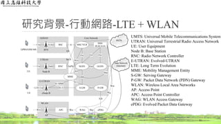 研究背景-行動網路-LTE + WLAN
11
Data Network
(Internet)
UTRAN
GPRS/GSM MS
UE
BTS
Node B
BSC
RNC
Um
Uu Iub
A-bis
GERAN
MSC/VLR
SGSN GGSN
HSS/
HLR/AAA
Gn
GcGrGs
A
IuPS
IuCS
Gb
Core Network
PSTN
E-UTRAN
UE eNode B
LTE-Uu S-GW P-GWS5S1-U
MME
S1-MME
S3
SGs
S4
S11
S6a
WLAN
WLAN UE AP
APCWw WAG ePDGWpWn
S2b
Wg
Wm
UMTS: Universal Mobile Telecommunications System
UTRAN: Universal Terrestrial Radio Access Network
UE: User Equipment
Node B: Base Station
RNC: Radio Network Controller
E-UTRAN: Evolved-UTRAN
LTE: Long Term Evolution
MME: Mobility Management Entity
S-GW: Serving Gateway
P-GW: Packet Data Network (PDN) Gateway
WLAN: Wireless Local Area Networks
AP: Access Point
APC: Access Point Controller
WAG: WLAN Access Gateway
ePDG: Evolved Packet Data Gateway
 