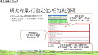 研究背景-行動定位-細胞識別碼
破解Google Map細胞識別碼定位方法
◦ 解讀封包內容，可取得網路層、傳輸層、
應用層資訊
23
網路層資訊
來源端IP: 140.113.73.48
目的端IP: 72.14.253.99
傳輸層資訊
來源端Port: 1087
目的端Port: 80
被監聽者(140.113.73.48:1087)向
網頁伺服器(72.14.253.99:80)要求網頁
網頁內容gzip壓縮編碼
 