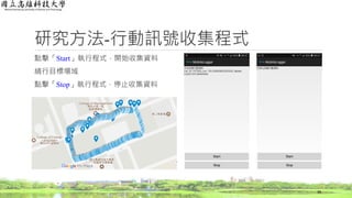 研究方法-行動訊號收集程式
點擊「Start」執行程式，開始收集資料
繞行目標場域
點擊「Stop」執行程式，停止收集資料
38
 