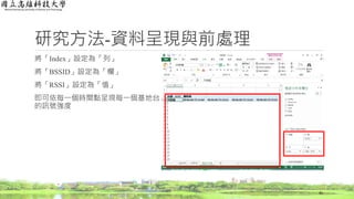 將「Index」設定為「列」
將「BSSID」設定為「欄」
將「RSSI」設定為「值」
即可依每一個時間點呈現每一個基地台
的訊號強度
研究方法-資料呈現與前處理
41
 