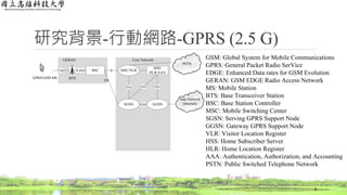研究背景-行動網路-GPRS (2.5 G)
8
Data Network
(Internet)
GPRS/GSM MS BTS
BSCUm A-bis
GERAN
MSC/VLR
SGSN GGSN
HSS/
HLR/AAA
Gn
GcGrGs
A
Gb
Core Network
PSTN
GSM: Global System for Mobile Communications
GPRS: General Packet Radio SerVice
EDGE: Enhanced Data rates for GSM Evolution
GERAN: GSM EDGE Radio Access Network
MS: Mobile Station
BTS: Base Transceiver Station
BSC: Base Station Controller
MSC: Mobile Switching Center
SGSN: Serving GPRS Support Node
GGSN: Gateway GPRS Support Node
VLR: Visitor Location Register
HSS: Home Subscriber Server
HLR: Home Location Register
AAA: Authentication, Authorization, and Accounting
PSTN: Public Switched Telephone Network
 