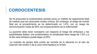CORDOCENTESIS
Se ha propuesto la cordocentesis seriada como un método de seguimiento fetal
de madres que han alcanzado niveles críticos. Sin embargo, el riesgo de muerte
fetal por el procedimiento se ha determinado en 1-2%, con un riesgo de
isoinmunización hasta de 50% con empeoramiento de la enfermedad
La paciente debe tener consejería con respecto al riesgo del embarazo y las
posibilidades fetales: una cordocentesis no complicada tiene riesgo de 1-2% y si
el feto esta hidrópico puede llegar al 20%.
La muestra de sangre fetal puede ser tomada de la placenta en el sitio de
inserción del cordón o de la vena intra-hepática en el feto.
 