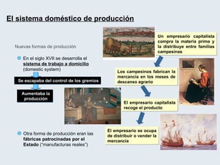 Nuevas formas de producción En el siglo XVII se desarrolla el  sistema de trabajo a domicilio (domestic system) Se escapaba del control de los gremios El sistema doméstico de producción   Un empresario capitalista compra la materia prima y la distribuye entre familias campesinas Los campesinos fabrican la mercancía en los meses de descanso agrario El empresario capitalista recoge el producto El empresario se ocupa de distribuir o vender la mercancía Aumentaba la producción Otra forma de producción eran las  fábricas patrocinadas por el Estado  (“manufacturas reales”) 