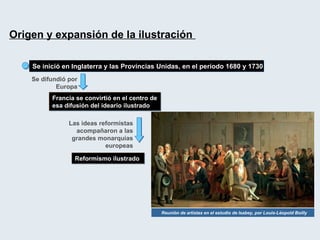 Origen y expansión de la ilustración  Se inició en Inglaterra y las Provincias Unidas, en el período 1680 y 1730 Se difundió por Europa Francia se convirtió en el centro de esa difusión del ideario ilustrado Las ideas reformistas acompañaron a las grandes monarquías europeas Reformismo ilustrado Reunión de artistas en el estudio de Isabey, por Louis-Léopold Boilly 