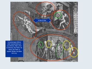 El Bien-El Mal Los personajes bíblicos están representados por sus atributos: Adán y Eva: la manzana; San Pedro: las llaves; San Pablo: la espada; Moisés: las tablas de la Ley. 