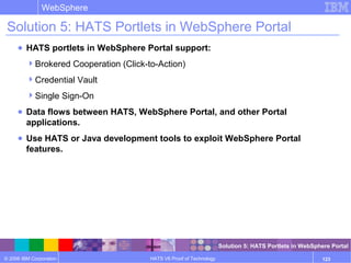 © 2006 IBM Corporation
WebSphere
HATS V6 Proof of Technology 123
Solution 5: HATS Portlets in WebSphere Portal
● HATS portlets in WebSphere Portal support:
Brokered Cooperation (Click-to-Action)
Credential Vault
Single Sign-On
● Data flows between HATS, WebSphere Portal, and other Portal
applications.
● Use HATS or Java development tools to exploit WebSphere Portal
features.
Solution 5: HATS Portlets in WebSphere Portal
 