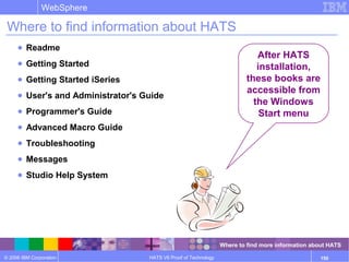© 2006 IBM Corporation
WebSphere
HATS V6 Proof of Technology 150
Where to find information about HATS
● Readme
● Getting Started
● Getting Started iSeries
● User's and Administrator's Guide
● Programmer's Guide
● Advanced Macro Guide
● Troubleshooting
● Messages
● Studio Help System
After HATS
installation,
these books are
accessible from
the Windows
Start menu
Where to find more information about HATS
 