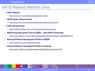 © 2006 IBM Corporation
WebSphere
HATS V6 Proof of Technology 154
HATS Related Website Links
● HATS Website
 http://www.ibm.com/software/webservers/hats/
● HATS System Requirements
 http://www.ibm.com/software/webservers/hats/sysreqs.html
● HATS V6 InfoCenter
 http://publib.boulder.ibm.com/infocenter/hatsv6/index.jsp
● WebFacing Deployment Tool for WDSc – with HATS Technology
 http://www-306.ibm.com/software/awdtools/wdt400/news/ga-hats030306.html
● Rational Software Development Platform (RSDP)
 http://www.ibm.com/software/rational/
● Rational Software Development Platform products
 http://www-128.ibm.com/developerworks/platform/products.html
 