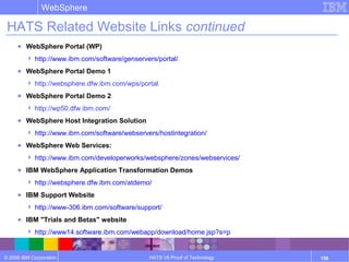 © 2006 IBM Corporation
WebSphere
HATS V6 Proof of Technology 156
HATS Related Website Links continued
● WebSphere Portal (WP)
 http://www.ibm.com/software/genservers/portal/
● WebSphere Portal Demo 1
 http://websphere.dfw.ibm.com/wps/portal
● WebSphere Portal Demo 2
 http://wp50.dfw.ibm.com/
● WebSphere Host Integration Solution
 http://www.ibm.com/software/webservers/hostintegration/
● WebSphere Web Services:
 http://www.ibm.com/developerworks/websphere/zones/webservices/
● IBM WebSphere Application Transformation Demos
 http://websphere.dfw.ibm.com/atdemo/
● IBM Support Website
 http://www-306.ibm.com/software/support/
● IBM "Trials and Betas" website
 http://www14.software.ibm.com/webapp/download/home.jsp?s=p
 