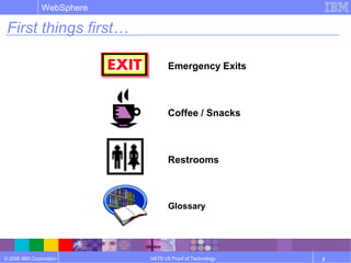 © 2006 IBM Corporation
WebSphere
HATS V6 Proof of Technology 2
First things first…
Emergency Exits
Coffee / Snacks
Restrooms
Glossary
 