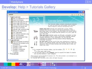 © 2006 IBM Corporation
WebSphere
HATS V6 Proof of Technology 32
Develop: Help > Tutorials Gallery
 