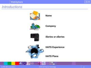 © 2006 IBM Corporation
WebSphere
HATS V6 Proof of Technology 4
Introductions
Name
Company
iSeries or zSeries
HATS Experience
HATS Plans
 