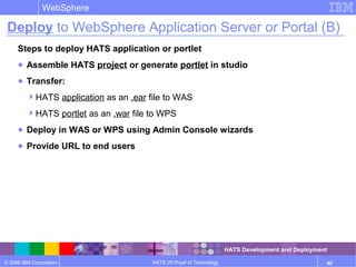 © 2006 IBM Corporation
WebSphere
HATS V6 Proof of Technology 40
Deploy to WebSphere Application Server or Portal (B)
Steps to deploy HATS application or portlet
● Assemble HATS project or generate portlet in studio
● Transfer:
HATS application as an .ear file to WAS
HATS portlet as an .war file to WPS
● Deploy in WAS or WPS using Admin Console wizards
● Provide URL to end users
HATS Development and Deployment
 