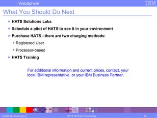 © 2006 IBM Corporation
WebSphere
HATS V6 Proof of Technology 57
What You Should Do Next
● HATS Solutions Labs
● Schedule a pilot of HATS to see it in your environment
● Purchase HATS - there are two charging methods:
Registered User
Processor-based
● HATS Training
For additional information and current prices, contact, your
local IBM representative, or your IBM Business Partner.
 