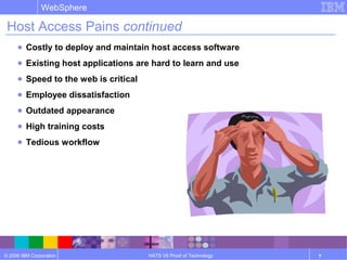 © 2006 IBM Corporation
WebSphere
HATS V6 Proof of Technology 7
Host Access Pains continued
● Costly to deploy and maintain host access software
● Existing host applications are hard to learn and use
● Speed to the web is critical
● Employee dissatisfaction
● Outdated appearance
● High training costs
● Tedious workflow
 