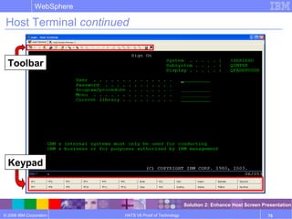 © 2006 IBM Corporation
WebSphere
HATS V6 Proof of Technology 75
Toolbar
Keypad
Host Terminal continued
Solution 2: Enhance Host Screen Presentation
 