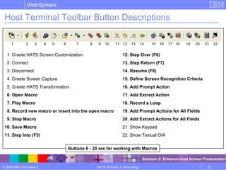© 2006 IBM Corporation
WebSphere
HATS V6 Proof of Technology 77
Host Terminal Toolbar Button Descriptions
1. Create HATS Screen Customization
2. Connect
3. Disconnect
4. Create Screen Capture
5. Create HATS Transformation
6. Open Macro
7. Play Macro
8. Record new macro or insert into the open macro
9. Stop Macro
10. Save Macro
11. Step Into (F5)
12. Step Over (F6)
13. Step Return (F7)
14. Resume (F8)
15. Define Screen Recognition Criteria
16. Add Prompt Action
17. Add Extract Action
18. Record a Loop
19. Add Prompt Actions for All Fields
20. Add Extract Actions for All Fields
21. Show Keypad
22. Show Textual OIA
Buttons 6 - 20 are for working with Macros
1 2 3 4 5 6 7 8 9 10 11 12 13 14 15 16 17 18 19 20 21 22
Solution 2: Enhance Host Screen Presentation
 
