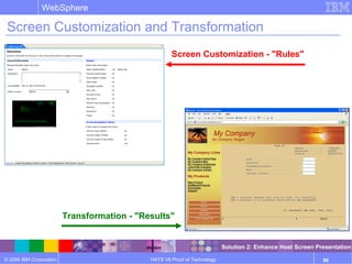 © 2006 IBM Corporation
WebSphere
HATS V6 Proof of Technology 86
Screen Customization and Transformation
Screen Customization - "Rules"
Transformation - "Results"
Solution 2: Enhance Host Screen Presentation
 