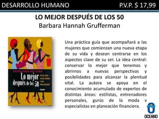 DESARROLLO HUMANO                          P.V.P. $ 17,99
        LO MEJOR DESPUÉS DE LOS 50
         Barbara Hannah Grufferman

                Una práctica guía que acompañará a las
                mujeres que comienzan una nueva etapa
                de su vida y desean centrarse en los
                aspectos clave de su ser. La idea central:
                conservar lo mejor que tenemos y
                abrirnos a nuevas perspectivas y
                posibilidades para alcanzar la plenitud
                vital. La autora se apoya en el
                conocimiento acumulado de expertos de
                distintas áreas: estilistas, entrenadores
                personales, gurús de la moda y
                especialistas en planeación financiera.
 