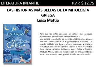 LITERATURA INFANTIL P.V.P. $ 12.75
LAS HISTORIAS MÁS BELLAS DE LA MITOLOGÍA
GRIEGA
Luisa Mattia
Para que los niños conozcan los relatos más antiguos,
apasionantes y trepidantes de nuestra cultura.
Una amplia recopilación de los más célebres mitos griegos
narrados como cuentos y magníficamente ilustrados. Un
mundo poblado por dioses, héroes, monstruos y criaturas
fantásticas que desde siempre fascina a niños y adultos.
Zeus, Hades, Afrodita, Dédalo e Ícaro, Orfeo y Eurídice,
Medusa, Minos, Odiseo o Heracles son los protagonistas de
estos relatos atemporales que encantarán a toda la familia.
 