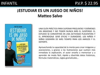INFANTIL P.V.P. $ 22.95
¡ESTUDIAR ES UN JUEGO DE NIÑOS!
Matteo Salvo
UNA GUÍA PRÁCTICA PARA SUPERAR PREGUNTAS Y EXÁMENES
SIN ANSIEDAD Y NO TEMER NUNCA MÁS EL SUSPENSO: EL
ESTUDIO SE CONVERTIRÁ EN UNA ACTIVIDAD PLACENTERA Y
EL APRENDIZAJE SERÁ EFICAZ Y DURADERO. LOS NIÑOS Y
NIÑAS GOZARÁN DE MÁS TIEMPO PARA LOS AMIGOS Y EL
DEPORTE.
Aprovechando la capacidad de la mente para crear imágenes y
asociaciones, y gracias a las ilustraciones que vuelven más
inmediata la explicación, el autor enseña a memorizar y a
aprender de modo fácil, rápido y divertido datos históricos,
fórmulas matemáticas, reglas gramaticales…
 