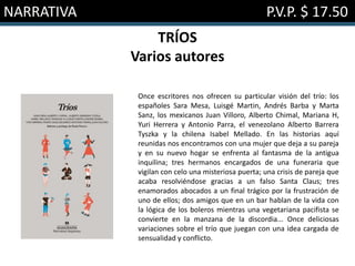 NARRATIVA P.V.P. $ 17.50
TRÍOS
Varios autores
Once escritores nos ofrecen su particular visión del trío: los
españoles Sara Mesa, Luisgé Martin, Andrés Barba y Marta
Sanz, los mexicanos Juan Villoro, Alberto Chimal, Mariana H,
Yuri Herrera y Antonio Parra, el venezolano Alberto Barrera
Tyszka y la chilena Isabel Mellado. En las historias aquí
reunidas nos encontramos con una mujer que deja a su pareja
y en su nuevo hogar se enfrenta al fantasma de la antigua
inquilina; tres hermanos encargados de una funeraria que
vigilan con celo una misteriosa puerta; una crisis de pareja que
acaba resolviéndose gracias a un falso Santa Claus; tres
enamorados abocados a un final trágico por la frustración de
uno de ellos; dos amigos que en un bar hablan de la vida con
la lógica de los boleros mientras una vegetariana pacifista se
convierte en la manzana de la discordia... Once deliciosas
variaciones sobre el trío que juegan con una idea cargada de
sensualidad y conflicto.
 