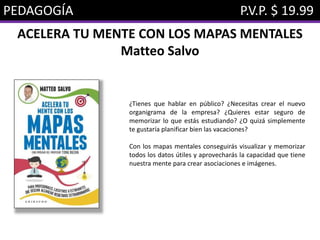 PEDAGOGÍA P.V.P. $ 19.99
ACELERA TU MENTE CON LOS MAPAS MENTALES
Matteo Salvo
¿Tienes que hablar en público? ¿Necesitas crear el nuevo
organigrama de la empresa? ¿Quieres estar seguro de
memorizar lo que estás estudiando? ¿O quizá simplemente
te gustaría planificar bien las vacaciones?
Con los mapas mentales conseguirás visualizar y memorizar
todos los datos útiles y aprovecharás la capacidad que tiene
nuestra mente para crear asociaciones e imágenes.
 
