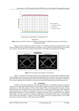 Gain Analysis of EDFAmplifier Based WDM System Using Different PumpingWavelength
DOI: 10.9790/2834-1062114120 www.iosrjournals.org 119 | Page
Figure 1.6: Gain and NF variation of -26dBm/ch amplification for different pump powers with different
pumping wavelength
Figure 1.6 shows that the gain and noise figure of 16-channels simultaneously fabricated on a same
fiber fort amplification with different pumping wavelength. In case of 980nm the gain flatness 38±0.5 and the
noise figure is less than 9db with a maximum output power is 24.432dBm at the pump power of 500mw.
Figure 1.7: Eye diagram from channel 1 and channel 2
Figure 1.7 describes the comparison between Eye diagram from the journal and the simulation results.
The Eye diagram shown here, gives us the bigger opening that refers that it has lower inter symbol interference
(ISI) while the width of opening indicates the time for which sampling is perform for the purpose of detection.
Here, optimal sampling time corresponds to maximum Eye opening yielding greatest protection againstnoise.
VI. Conclusion
In EDFA, each stage’s pump power and mid-stage attenuation are controlled according to the power
variation of the input signal channel channels and the optical supervisory channel, respectively. The different
pump power can affect the output power base on their length of fiber. As the pump power increases, the gain
flatness became worst which lead to more noise and bit-error-rate (BER). By choosing proper fiber length and
injected pump power to EDFA, the population inversion can be controlled. The output power is directly
proportional to pump power. Hence the increase in output power leads to increase in pump power. The optimum
fiber length is 8m. The system for 16-channel’s amplification is designed with the values of Gain flatness
40±0.5 within the bandwidth of 1546nm to 1558nm.the output power of the designed model is 24.557 dBm
along with a average noise figure <5dB at pump power of 500mw.
 