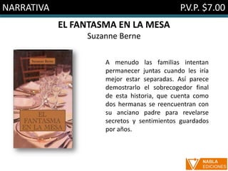 NARRATIVA                                   P.V.P. $7.00
            EL FANTASMA EN LA MESA
                 Suzanne Berne

                     A menudo las familias intentan
                     permanecer juntas cuando les iría
                     mejor estar separadas. Así parece
                     demostrarlo el sobrecogedor final
                     de esta historia, que cuenta como
                     dos hermanas se reencuentran con
                     su anciano padre para revelarse
                     secretos y sentimientos guardados
                     por años.
 