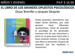 NIÑOS Y JOVENES                            P.V.P. $ 16.50
EL LIBRO DE LOS GRANDES OPUESTOS PSICOLÓGICOS
          Oscar Brenifer y Jacques Després

                     Desde pequeños aprendemos que
                     todos somos distintos, que cada
                     persona         tiene     diferentes
                     características. Tratar de entender
                     la psicología de los personajes
                     humanos con los que convivimos a
                     diario es un gran paso hacia ellos y
                     hacia nosotros mismos. A través de
                     este libros se presentan 10 pares de
                     opuestos que nos ayudarán a
                     conocernos.
 