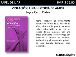 PAPEL DE LIAR                             P.V.P. $ 16.00
       VIOLACIÓN, UNA HISTORIA DE AMOR
               Joyce Carol Oates

                     Teena Maguire es brutalmente
                     violada en frente de su hija de 12
                     años, ahora solo puede lamentar
                     haber sobrevivido y su hija es
                     testigo de ese lamento. Con una
                     prosa envolvente la autora teje con
                     maestría la historia de víctimas,
                     victimarios y el inesperado paladín
                     de una justicia taciturna pero
                     inexorable.
 
