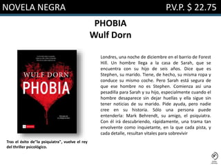NOVELA NEGRA P.V.P. $ 22.75
PHOBIA
Wulf Dorn
Londres, una noche de diciembre en el barrio de Forest
Hill. Un hombre llega a la casa de Sarah, que se
encuentra con su hijo de seis años. Dice que es
Stephen, su marido. Tiene, de hecho, su misma ropa y
conduce su mismo coche. Pero Sarah está segura de
que ese hombre no es Stephen. Comienza así una
pesadilla para Sarah y su hijo, especialmente cuando el
hombre desaparece sin dejar huellas y ella sigue sin
tener noticias de su marido. Pide ayuda, pero nadie
cree en su historia. Sólo una persona puede
entenderla: Mark Behrendt, su amigo, el psiquiatra.
Con él irá descubriendo, rápidamente, una trama tan
envolvente como inquietante, en la que cada pista, y
cada detalle, resultan vitales para sobrevivir
Tras el éxito de"la psiquiatra", vuelve el rey
del thriller psicológico.
 