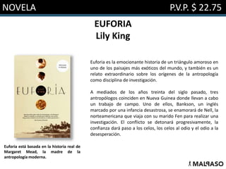 NOVELA P.V.P. $ 22.75
EUFORIA
Lily King
Euforia es la emocionante historia de un triángulo amoroso en
uno de los paisajes más exóticos del mundo, y también es un
relato extraordinario sobre los orígenes de la antropología
como disciplina de investigación.
A mediados de los años treinta del siglo pasado, tres
antropólogos coinciden en Nueva Guinea donde llevan a cabo
un trabajo de campo. Uno de ellos, Bankson, un inglés
marcado por una infancia desastrosa, se enamorará de Nell, la
norteamericana que viaja con su marido Fen para realizar una
investigación. El conflicto se detonará progresivamente, la
confianza dará paso a los celos, los celos al odio y el odio a la
desesperación.
Euforia está basada en la historia real de
Margaret Mead, la madre de la
antropología moderna.
 