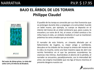 NARRATIVA P.V.P. $ 17.95
BAJO EL ÁRBOL DE LOS TORAYA
Philippe Claudel
El pueblo de los toraya es conocido por sus ritos funerarios que
se prolongan durante días y congregan a la comunidad. Cuando
un bebé muere, por ejemplo, su cuerpo se deposita en el
interior del tronco de un árbol centenario que, poco a poco, lo
envuelve y se nutre de él. Así, al crecer, el árbol conduce a los
niños hacia el cielo, un símbolo mediante el cual se mantienen
próximos los seres amados que ya no están.
El narrador de esta historia, un cineasta afectado por el
fallecimiento de Eugène, su mejor amigo y confidente,
descubre en los árboles de los toraya la síntesis del misterio de
la vida y la muerte, como una llave maestra capaz de abrir ese
recinto hermético en el que las personas escondemos las
vivencias más íntimas. Asomándose al abismo de la pérdida, el
narrador se encuentra, paradójicamente, con la intensidad del
amor, ese enigma insondable que nos liga al futuro mientras el
presente desgarra nuestro ser.Del autor de Almas grises, La nieta del
señor Linh y El informe de Brodeck.
 