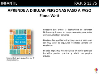 INFANTIL P.V.P. $ 13,75
APRENDE A DIBUJAR PERSONAS PASO A PASO
Fiona Watt
Colección que brinda la oportunidad de aprender
fácilmente y dominar los trucos necesarios para pintar
animales, objetos y personas.
Gracias a las sencillas instrucciones paso a paso, que
son muy fáciles de seguir, los resultados siempre son
excelentes.
En cada página hay mucho espacio en blanco para que
los niños puedan practicar y añadir sus propios
dibujos.
Recomendado para pequeñines de 4
años en adelante.
 