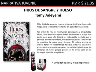 NARRATIVA JUVENIL P.V.P. $ 21.35
HIJOS DE SANGRE Y HUESO
Tomy Adeyemi
Zélie Adebola recuerda cuando la tierra de Orïsha desprendía
magia. Pero todo cambió la noche en que esta desapareció.
Por orden del rey, los maji fueron perseguidos y aniquilados.
Ahora, Zélie tiene una oportunidad de devolver la magia a su
gente, pero para ello deberá ser más rápida y astuta que el
príncipe heredero del trono, que está dispuesto a todo con tal
de erradicar la magia para siempre. El peligro acecha en
Orïsha, donde los leopardarios de nieve campan a sus anchas
y los espíritus vengativos esperan escondidos bajo el agua. Sin
embargo, el mayor peligro puede ser la propia Zélie en su
lucha por controlar sus poderes.
* Exhibidor de piso y mesa disponibles
 