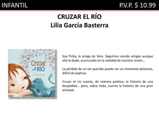 INFANTIL P.V.P. $ 10.99
CRUZAR EL RÍO
Lilia García Basterra
Soy Pinky, la amiga de Vera. Seguimos siendo amigas aunque
ella lo dude, acurrucada en la soledad de nuestro rincón…
La pérdida de un ser querido puede ser un momento doloroso,
difícil de explicar.
Cruzar el río cuenta, de manera poética, la historia de una
despedida… pero, sobre todo, cuenta la historia de una gran
amistad.
 