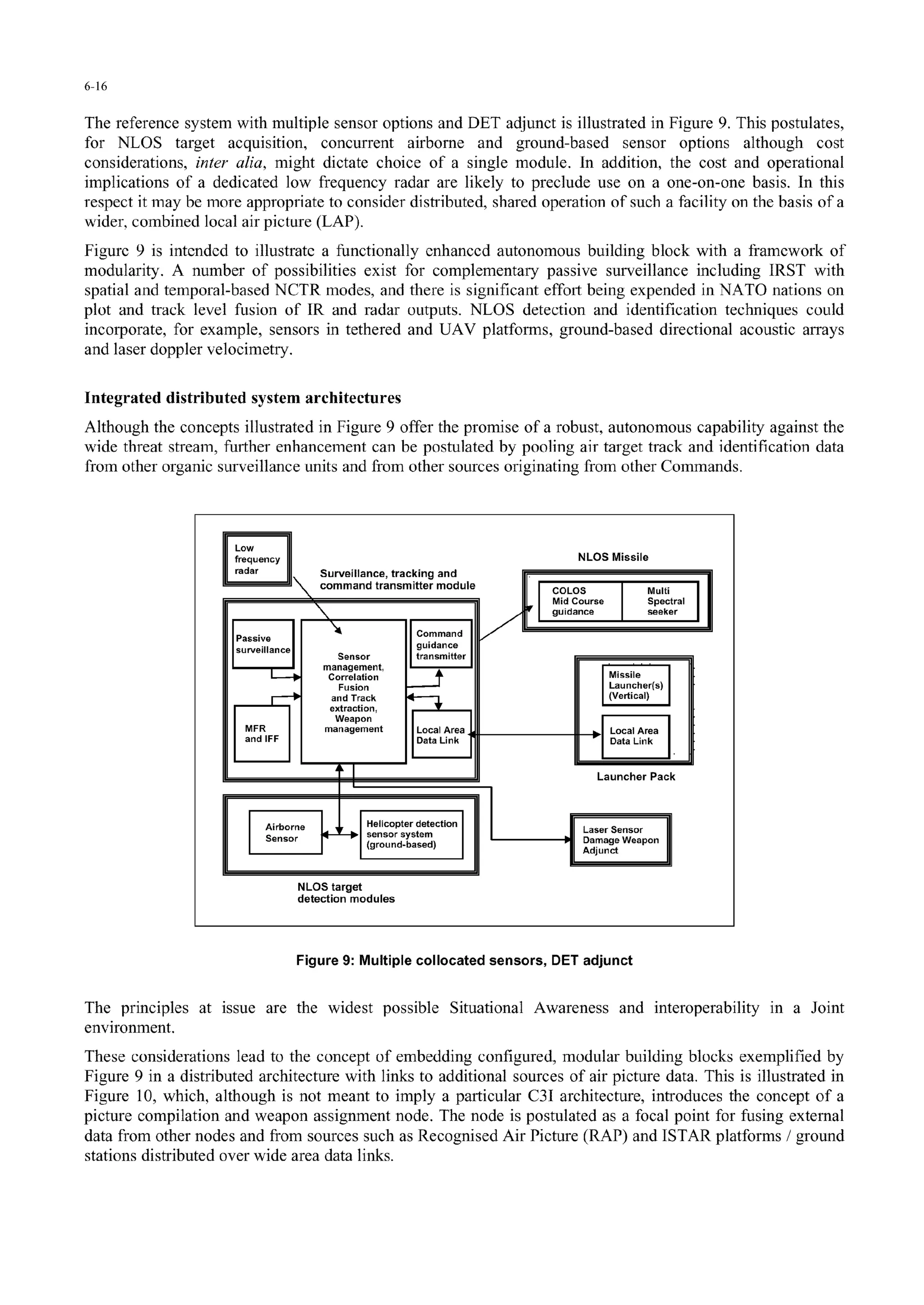 6-16
The reference system with multiple sensor options and DET adjunct is illustrated in Figure 9. This postulates,
for NLOS target acquisition, concurrent airborne and ground-based sensor options although cost
considerations, inter alia, might dictate choice of a single module. In addition, the cost and operational
implications of a dedicated low frequency radar are likely to preclude use on a one-on-one basis. In this
respect it may be more appropriate to consider distributed, shared operation of such a facility on the basis of a
wider, combined local air picture (LAP).
Figure 9 is intended to illustrate a functionally enhanced autonomous building block with a framework of
modularity. A number of possibilities exist for complementary passive surveillance including IRST with
spatial and temporal-based NCTR modes, and there is significant effort being expended in NATO nations on
plot and track level fusion of IR and radar outputs. NLOS detection and identification techniques could
incorporate, for example, sensors in tethered and UAV platforms, ground-based directional acoustic arrays
and laser doppler velocimetry.
Integrated distributed system architectures
Although the concepts illustrated in Figure 9 offer the promise of a robust, autonomous capability against the
wide threat stream, further enhancement can be postulated by pooling air target track and identification data
from other organic surveillance units and from other sources originating from other Commands.
frqun NLOS Missile
Surveillance, tracking and
command transmitter module COLO$ Multi
Mid Course Spectral
"guidance seeker
PvCommand
surveillance guidance
Sensor transmitter
management, M ssteCorrelation H isil il
Fusion I ILauncheris)
a ndTrack I (Vertical)
extraction,WeaponI IMFR management Local Area _ LorlA ea
d eF Da LData Link
SI-Launcher Pack
Airborne Helicopter detection Le nssensor system Laser 3enso
Sensor (ground-based)
Damage Weapon
NLOS target
detection modules
Figure 9: Multiple collocated sensors, DET adjunct
The principles at issue are the widest possible Situational Awareness and interoperability in a Joint
environment.
These considerations lead to the concept of embedding configured, modular building blocks exemplified by
Figure 9 in a distributed architecture with links to additional sources of air picture data. This is illustrated in
Figure 10, which, although is not meant to imply a particular C31 architecture, introduces the concept of a
picture compilation and weapon assignment node. The node is postulated as a focal point for fusing external
data from other nodes and from sources such as Recognised Air Picture (RAP) and ISTAR platforms / ground
stations distributed over wide area data links.
 