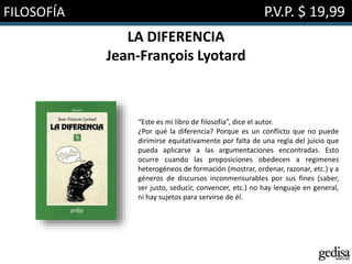 FILOSOFÍA P.V.P. $ 19,99
LA DIFERENCIA
Jean-François Lyotard
“Este es mi libro de filosofía”, dice el autor.
¿Por qué la diferencia? Porque es un conflicto que no puede
dirimirse equitativamente por falta de una regla del juicio que
pueda aplicarse a las argumentaciones encontradas. Esto
ocurre cuando las proposiciones obedecen a regímenes
heterogéneos de formación (mostrar, ordenar, razonar, etc.) y a
géneros de discursos inconmensurables por sus fines (saber,
ser justo, seducir, convencer, etc.) no hay lenguaje en general,
ni hay sujetos para servirse de él.
 