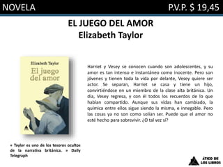 NOVELA P.V.P. $ 19,45
EL JUEGO DEL AMOR
Elizabeth Taylor
Harriet y Vesey se conocen cuando son adolescentes, y su
amor es tan intenso e instantáneo como inocente. Pero son
jóvenes y tienen toda la vida por delante, Vesey quiere ser
actor. Se separan, Harriet se casa y tiene un hijo,
convirtiéndose en un miembro de la clase alta británica. Un
día, Vesey regresa, y con él todos los recuerdos de lo que
habían compartido. Aunque sus vidas han cambiado, la
química entre ellos sigue siendo la misma, e innegable. Pero
las cosas ya no son como solían ser. Puede que el amor no
esté hecho para sobrevivir. ¿O tal vez sí?
« Taylor es uno de los tesoros ocultos
de la narrativa británica. » Daily
Telegraph
 