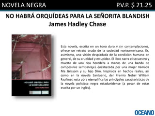 NOVELA NEGRA P.V.P. $ 21.25
NO HABRÁ ORQUÍDEAS PARA LA SEÑORITA BLANDISH
James Hadley Chase
Esta novela, escrita en un tono duro y sin contemplaciones,
ofrece un retrato crudo de la sociedad norteamericana. Es,
asimismo, una visión despiadada de la condición humana en
general, de su crueldad y estupidez. El libro narra el secuestro y
muerte de una rica heredera a manos de una banda de
campesinos semisalvajes encabezada por una mujer llamada
Ma Grissom y su hijo Slim. Inspirada en hechos reales, así
como en la novela Santuario, del Premio Nobel William
Faulkner, esta obra ejemplifica las principales características de
la novela policiaca negra estadunidense (a pesar de estar
escrita por un inglés).
 
