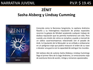 NARRATIVA JUVENIL P.V.P. $ 19.45
ZÉNIT
Sasha Alsberg y Lindsay Cumming
Conocida como la Baronesa Sangrienta, la capitana Androma
Racella y su heterogénea tripulación de piratas espaciales
recorren la galaxia de Mirabel aceptando cualquier trabajo de
dudosa reputación que les permita mantenerse con vida. Pero
cuando una misión de rutina se complica y queda a merced de
un sádico cazarrecompensas relacionado con el pasado de
Andi, la tripulación de la Marauder se ve orillada a embarcarse
en un peligroso viaje que podría restaurar el orden de su nave
o desatar una guerra con la capacidad de extinguir los mundos.
Del exitoso dúo de autoras Sasha Alsberg y Lindsay Cummings
llega el primer libro de la Saga Androma, un emocionante viaje
de aventuras lleno de acción, intriga y romances apasionados.
 