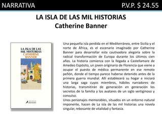 NARRATIVA P.V.P. $ 24.55
LA ISLA DE LAS MIL HISTORIAS
Catherine Banner
Una pequeña isla perdida en el Mediterráneo, entre Sicilia y el
norte de África, es el escenario imaginado por Catherine
Banner para desarrollar esta cautivadora alegoría sobre la
radical transformación de Europa durante los últimos cien
años. La historia comienza con la llegada a Castellamare de
Amedeo Espósito, un joven originario de Florencia que viene a
ocupar el puesto de médico permanente en ese remoto
peñón, donde el tiempo parece haberse detenido antes de la
primera guerra mundial. Allí establecerá su hogar e iniciará
una larga saga cuyos miembros, hábiles narradores de
historias, transmitirán de generación en generación los
secretos de la familia y los avatares de un siglo vertiginoso y
convulso.
Unos personajes memorables, situados en un entorno natural
imponente, hacen de La isla de las mil historias una novela
singular, rebosante de vitalidad y fantasía.
 