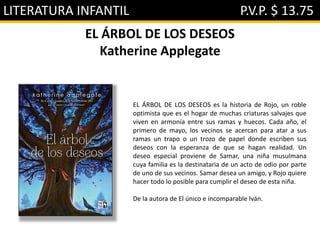 LITERATURA INFANTIL P.V.P. $ 13.75
EL ÁRBOL DE LOS DESEOS
Katherine Applegate
EL ÁRBOL DE LOS DESEOS es la historia de Rojo, un roble
optimista que es el hogar de muchas criaturas salvajes que
viven en armonía entre sus ramas y huecos. Cada año, el
primero de mayo, los vecinos se acercan para atar a sus
ramas un trapo o un trozo de papel donde escriben sus
deseos con la esperanza de que se hagan realidad. Un
deseo especial proviene de Samar, una niña musulmana
cuya familia es la destinataria de un acto de odio por parte
de uno de sus vecinos. Samar desea un amigo, y Rojo quiere
hacer todo lo posible para cumplir el deseo de esta niña.
De la autora de El único e incomparable Iván.
 