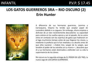 INFANTIL P.V.P. $ 17.45
LOS GATOS GUERREROS 3RA – RIO OSCURO (2)
Erin Hunter
A diferencia de sus hermanos guerreros, Leonino y
Carrasquera, Glayino ha tenido que aceptar papel de
curandero debido a su ceguera. Sin embargo, ahora empieza a
disfrutar de un don recientemente descubierto: su capacidad
para colarse en los sueños ajenos y ver el pasado. Así es como
entra en contacto con los espíritus de gatos que habitaron en
el lago muchísimo tiempo antes de que llegaran los clanes, y,
mediante la profecía que le fue revelada a su abuelo antes de
que ellos nacieran —«habrá tres, sangre de tu sangre, que
tendrán el poder de las estrellas en su mano»—, descubre que
él y sus hermanos están destinados a defender con su vida la
supervivencia de los clanes.
Río oscuro es la segunda entrega de EL PODER DE LOS TRES, la
nueva saga de LOS GATOS GUERREROS.
 