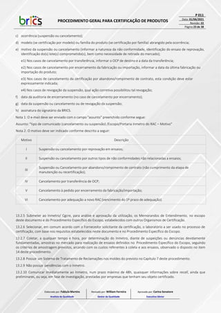 PROCEDIMENTO GERAL PARA CERTIFICAÇÃO DE PRODUTOS
P 011
Data: 01/06/2021
Revisão: 22
Página 23 de 38
c) ocorrência (suspensão ou cancelamento);
d) modelo (se certificação por modelo) ou família do produto (se certificação por família) abrangido pela ocorrência;
e) motivo da suspensão ou cancelamento (informar a natureza da não conformidade, identificação do ensaio de reprovação,
identificação do(s) lote(s) comprometido(s), bem como necessidade de retirada do mercado);
e1) Nos casos de cancelamento por transferência, informar o OCP de destino e a data da transferência;
e2) Nos casos de cancelamento por encerramento da fabricação ou importação, informar a data da última fabricação ou
importação do produto;
e3) Nos casos de cancelamento da certificação por abandono/rompimento de contrato, esta condição deve estar
expressamente indicada;
e4) Nos casos de revogação da suspensão, qual ação corretiva possibilitou tal revogação;
f) data da auditoria de encerramento (no caso de cancelamento por encerramento);
g) data da suspensão ou cancelamento ou de revogação da suspensão;
h) assinatura do signatário da BRICS.
Nota 1: O e-mail deve ser enviado com o campo "assunto" preenchido conforme segue:
Assunto: "tipo de comunicado (cancelamento ou suspensão) /Escopo/Portaria Inmetro do RAC – Motivo"
Nota 2: O motivo deve ser indicado conforme descrito a seguir:
Motivo Descrição
I Suspensão ou cancelamento por reprovação em ensaios;
II Suspensão ou cancelamento por outros tipos de não conformidades não relacionadas a ensaios;
III
Suspensão ou Cancelamento por abandono/rompimento de contrato (não cumprimento da etapa de
manutenção ou recertificação);
IV Cancelamento por transferência de OCP;
V Cancelamento à pedido por encerramento da fabricação/importação;
VI Cancelamento por adequação a novo RAC (vencimento do 1º prazo de adequação).
13.2.5 Submeter ao Inmetro/ Cgcre, para análise e aprovação da utilização, os Memorandos de Entendimento, no escopo
deste documento e do Procedimento Específico do Escopo, estabelecidos com outros Organismos de Certificação.
13.2.6 Selecionar, em comum acordo com o Fornecedor solicitante da certificação, o laboratório a ser usado no processo de
certificação, com base nos requisitos estabelecidos neste documento e no Procedimento Específico do Escopo.
13.2.7 Coletar, a qualquer tempo e hora, por determinação do Inmetro, diante de suspeições ou denúncias devidamente
fundamentadas, amostras no mercado para realização de ensaios definidos no Procedimento Específico do Escopo, seguindo
os critérios de amostragem previstos, arcando com os custos referentes à coleta e aos ensaios, observado o disposto no item
14 deste procedimento.
13.2.8 Possuir um Sistema de Tratamento de Reclamações nos moldes do previsto no Capítulo 7 deste procedimento.
13.2.9 Não possuir pendências com o Inmetro.
13.2.10 Comunicar imediatamente ao Inmetro, num prazo máximo de 48h, quaisquer informações sobre recall, ainda que
preliminares, ou seja, em fase de investigação, prestadas por empresas que tenham seu objeto certificado.
Elaborado por: Fabiula Martins
Analista da Qualidade
Revisado por: William Ferreira
Gestor da Qualidade
Aprovado por: Carina Senatore
Executivo Sênior
 